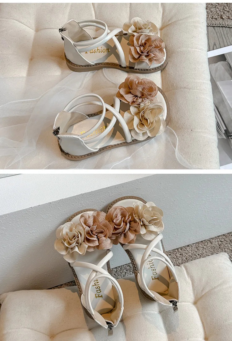 2025 Girls Sandals Summer New Flower Pearls Little Girl Princess Shoes Soft Bottom Non-slip Girl Kids Roman Sandals Shoes I03191