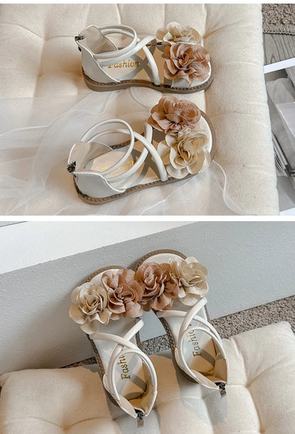 2025 Girls Sandals Summer New Flower Pearls Little Girl Princess Shoes Soft Bottom Non-slip Girl Kids Roman Sandals Shoes I03191