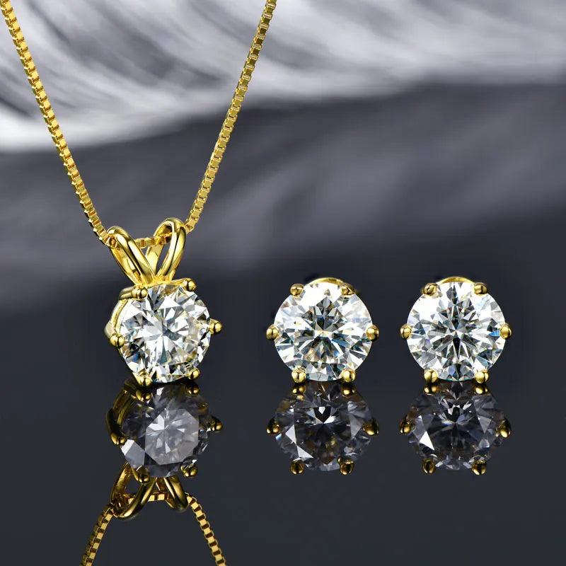 Real 925 Silver Moissanite Jewelry Set Gold Plated 0.5-2ct Stud Earrings Solitaire Pendant Necklace Set for Women Men Gift