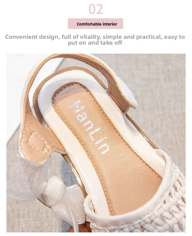 Children's Sandals Summer New Elegant Girls Princess Shoes Woven Style Beach Causal Kids Flat Sandals Solid Color Versatile