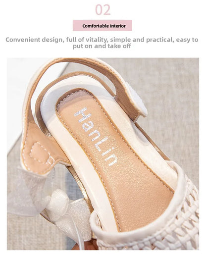 Children's Sandals Summer New Elegant Girls Princess Shoes Woven Style Beach Causal Kids Flat Sandals Solid Color Versatile
