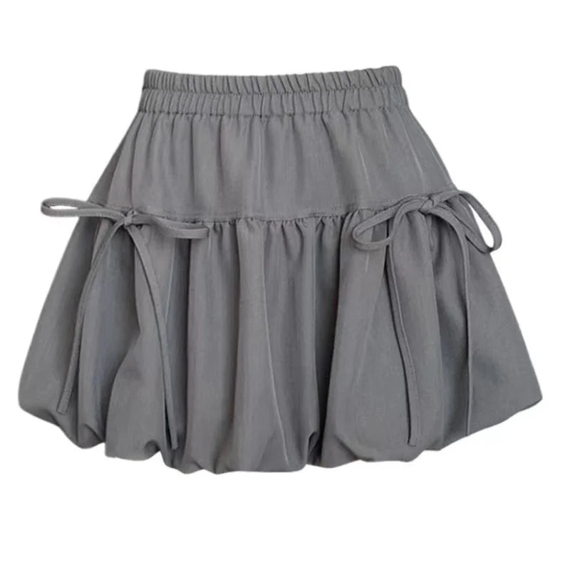 Summer Ballet Style Bow A-Line Women's Mini Skirts High Elastic Waist Tie Pleated Bud Balloon Skirt