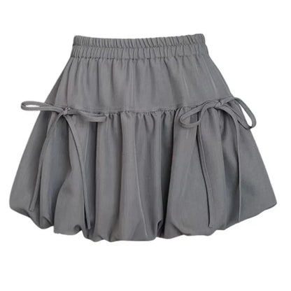 Summer Ballet Style Bow A-Line Women's Mini Skirts High Elastic Waist Tie Pleated Bud Balloon Skirt