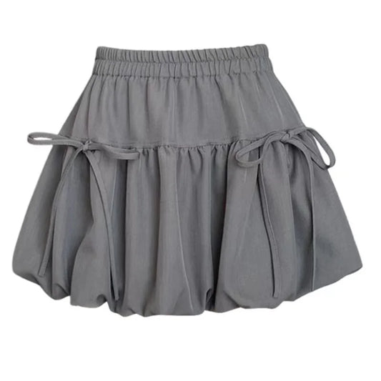 Summer Ballet Style Bow A-Line Women's Mini Skirts High Elastic Waist Tie Pleated Bud Balloon Skirt