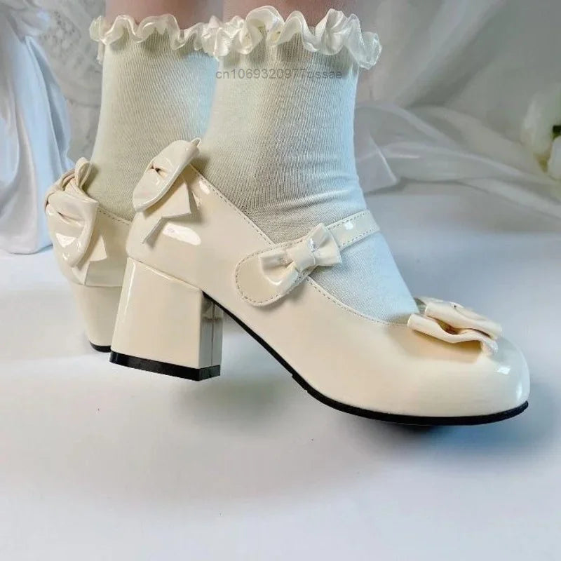 2024 Style Cute Round Head  Jane Pumps With Bow Women's Sweet Party Dress Midi Heels Shoes Fashion PU Sandals