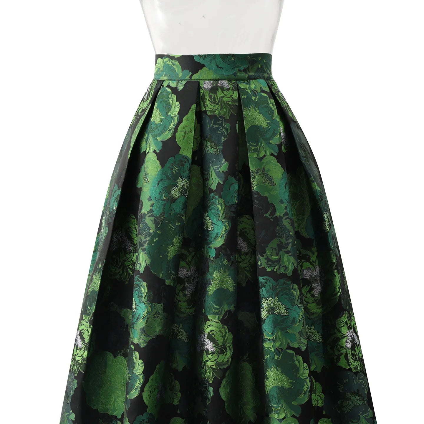 High Quality Elegant Lady Hepburn Style Mid-long Puff Skirt All-match Spring Autumn High Waist Green Jacquard Women A-line Skirt
