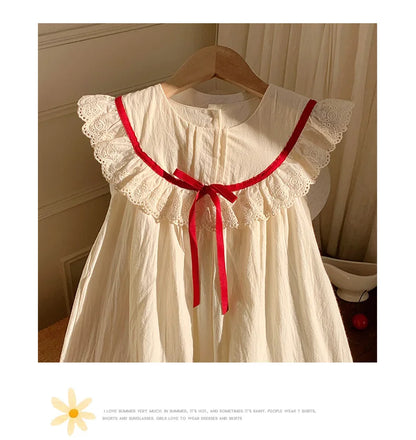 Kid Girl Exquisite Dress Ruffled Lace Collar Trimmed in Red Ribbon Red Dotted Lace Cut Out Embroidery on The Skirt for Children
