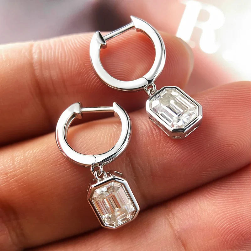 1CT 2CT Certified Moissanite Drop Earrings for Women Emerald Cut Classic Gift for Her 100% 925 Sterling Silver Plated 18K