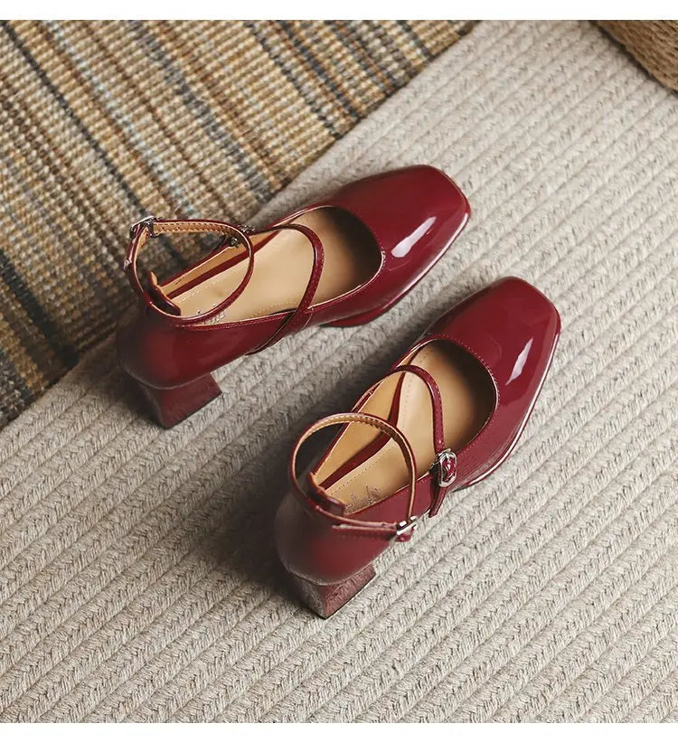 2024 New Mary Jane Shoes High Quality Leather Shoes Shallow Square Toe Womens Sandals Buckle Strap Women's Pumps