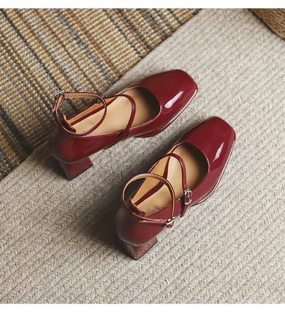 2024 New Mary Jane Shoes High Quality Leather Shoes Shallow Square Toe Womens Sandals Buckle Strap Women's Pumps