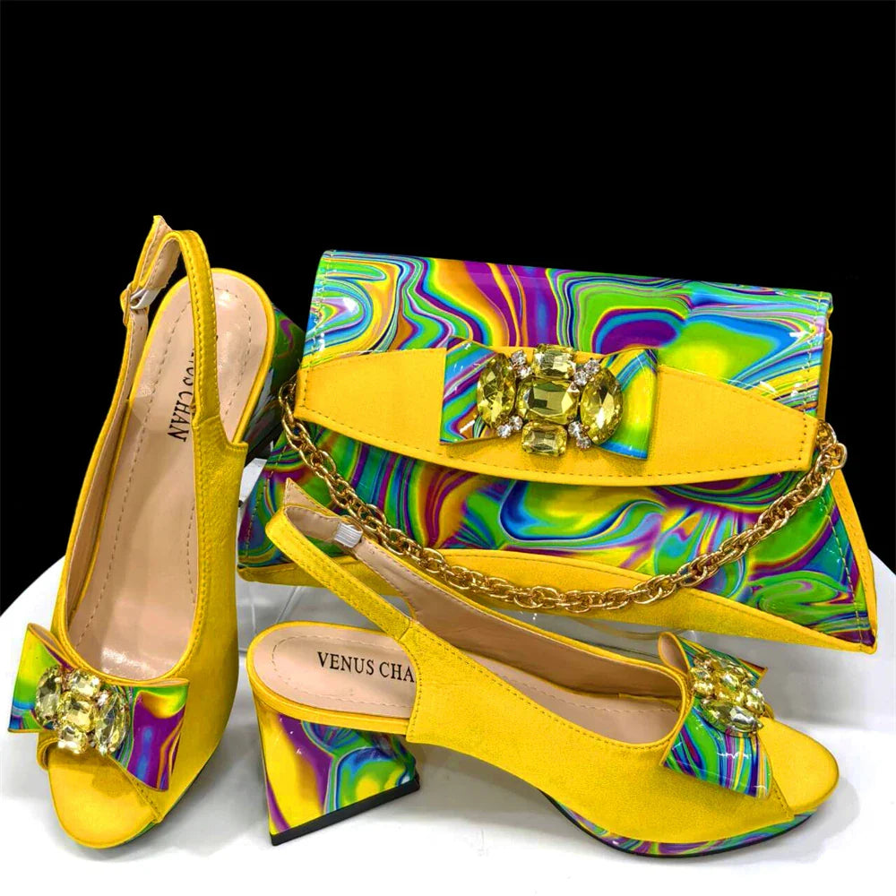 Fashion Purple Color Painted Rhinestones Elegant Peep Toe Sandals Shoes and Bag Set Italian Heels for Womens