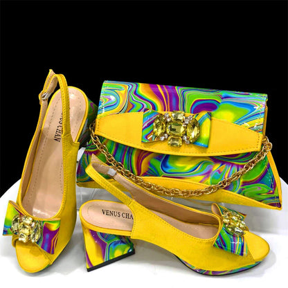 Fashion Purple Color Painted Rhinestones Elegant Peep Toe Sandals Shoes and Bag Set Italian Heels for Womens