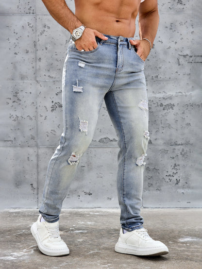 Men's Casual Slim Fit Stretch Jeans-Ripped Blue Denim Trousers Spring and Summer Pants Elastane Fabric