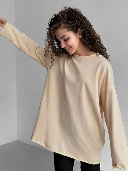 Women Summer 100% Cotton T-shirt Bottoming Spring Basic Fashionable Solid Lady Long Sleeve Loose Tops Shirts