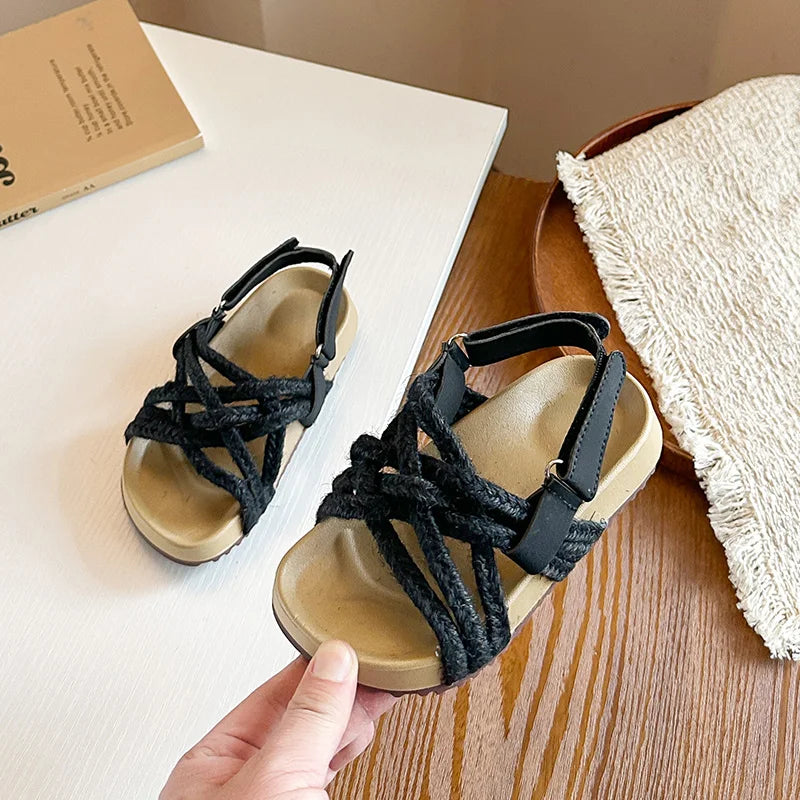 Children's Boho Braided Sandals Summer New Boys Girls Casual Shoes for Outdoor Daily Wear Open-toe Kids Platform Beach Sandals