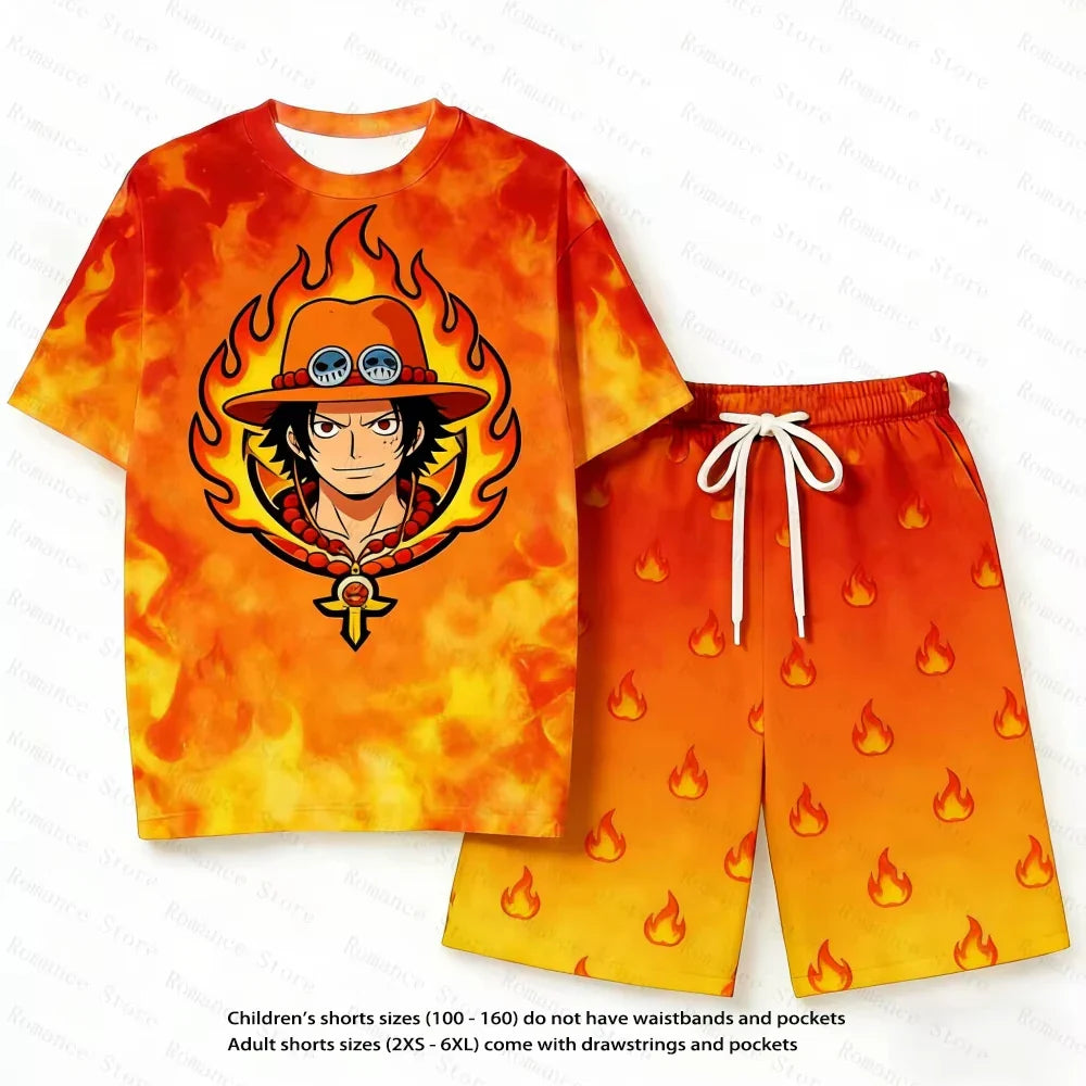 Anime One Piece Family Matching Outfits Ace Print Short Sleeve T-Shirt Shorts Set for Kids Adults Woman t-shirts and Shorts Set