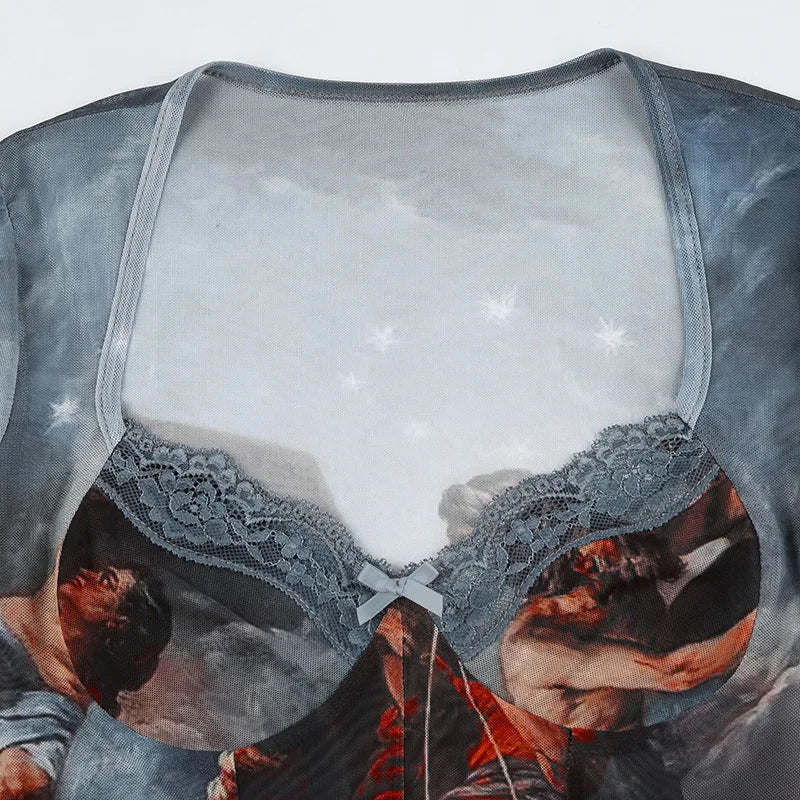 Vintage Print Sexy Bodysuit Lingerie See Through Gauze Lenceria Tranparente Long Sleeve Body Feminino Square Collar Bustier Tops