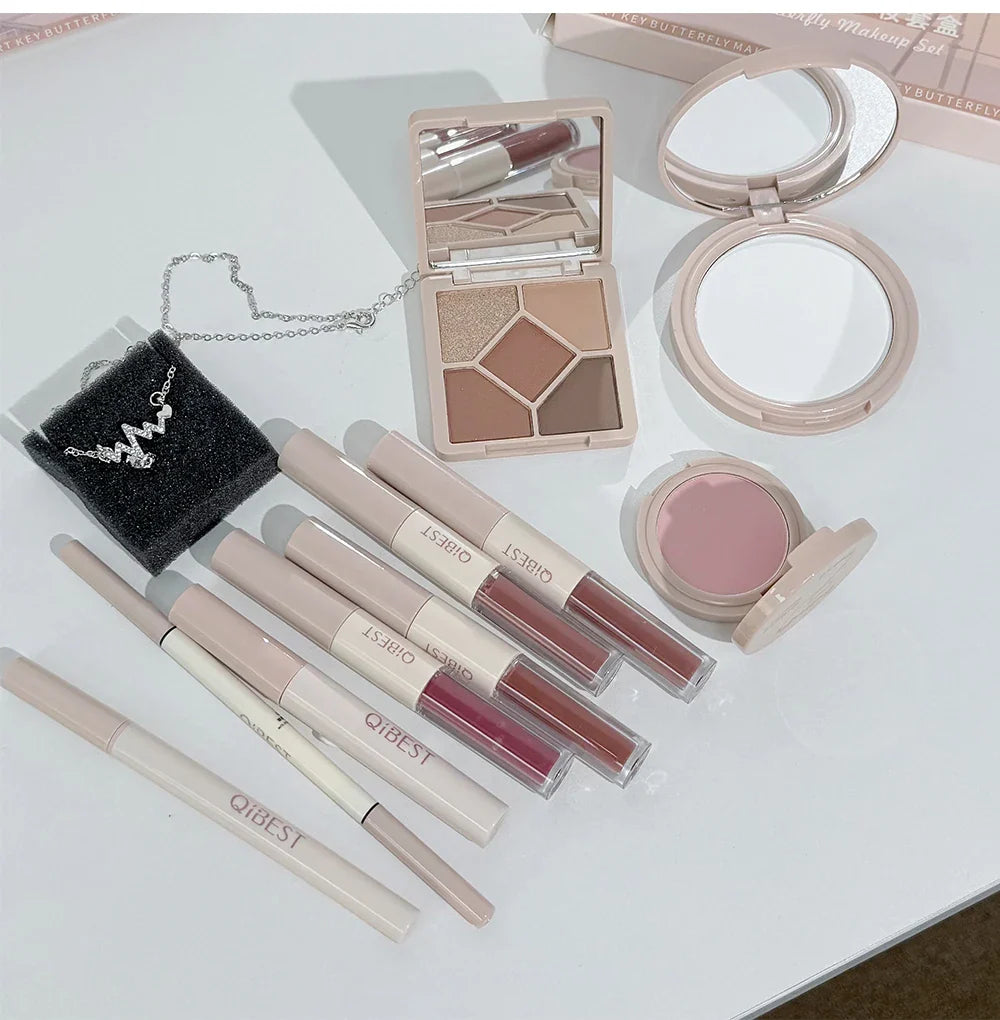 Multipurpose Makeup Set 4pc Double Head Lip Glaze, Face Pressed Powder,Blusher,Eyeshadow, Eyebrow Pencil,Eyeliner,Lip Oil