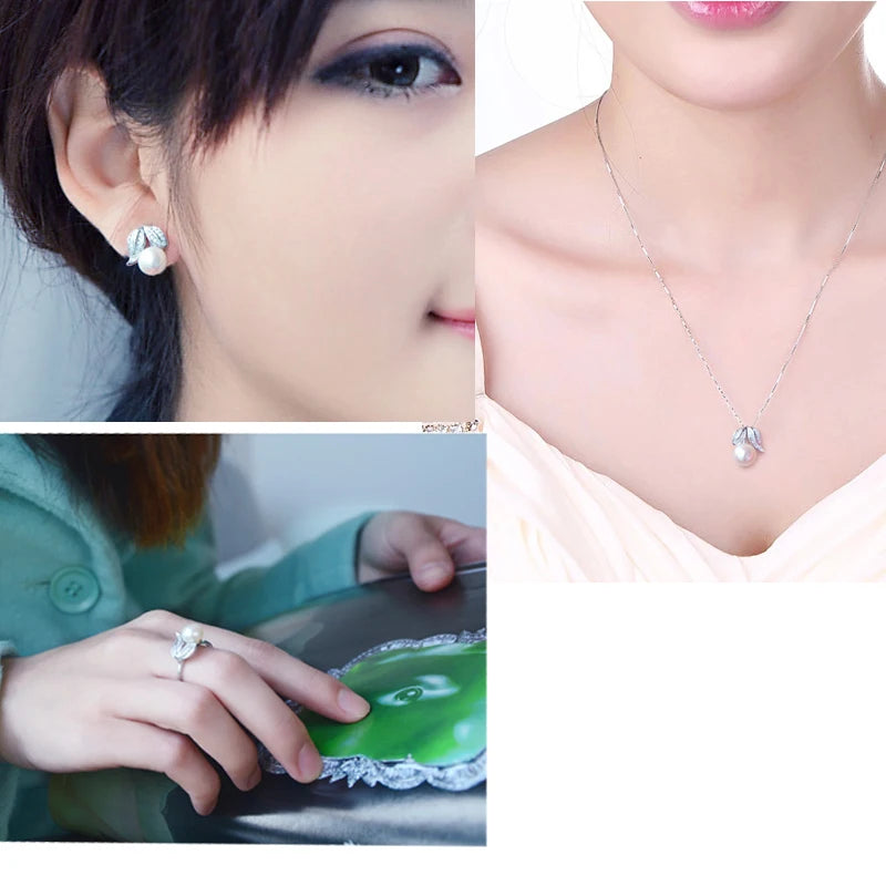 Real Pearl  ring Necklace Earrings For Women,Natural Freshwater White Pearl Jewelry Set 925 Sterling Silver Jewelry Sets Gift