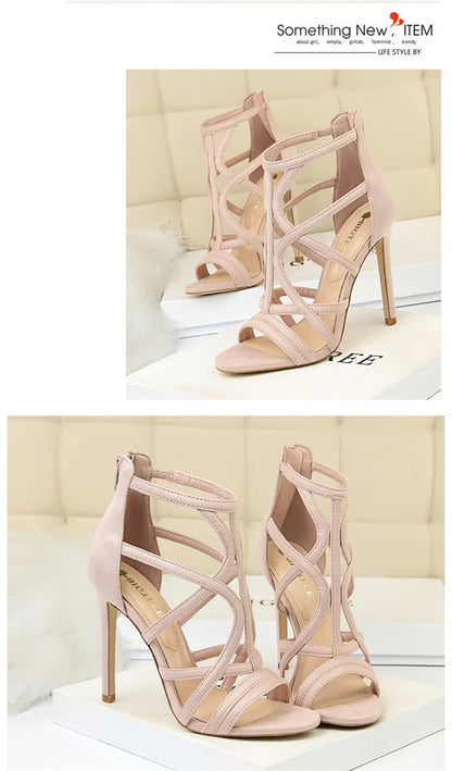 Women Roman Style Thin High Heels Pumps Pointed Toe Suede Hollow Strap Party Shoes Solid Ankle Zip Summer Sandals