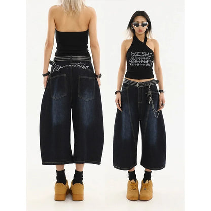 American Retro Embroidered Letter Cut-off Jeans Loose Straight Leg Trousers for Men High Waist Design Summer New Style