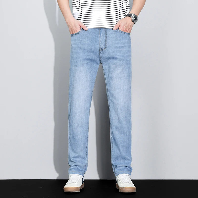 Men's Ice Silk Denim Cargo Pants Summer New Thin Business Casual Jeans Outdoor Y2K All Match Slim Fit Straight Elastic Jean Male