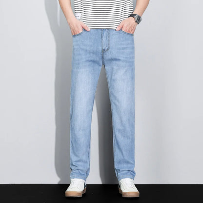 Men's Ice Silk Denim Cargo Pants Summer New Thin Business Casual Jeans Outdoor Y2K All Match Slim Fit Straight Elastic Jean Male