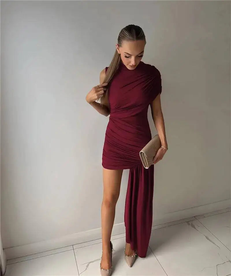Summer Draped Ruched Sexy Mini Dress Women 2025 New Irregular High Waist Slim Fit Dress Female Elegant Club Tank Dress