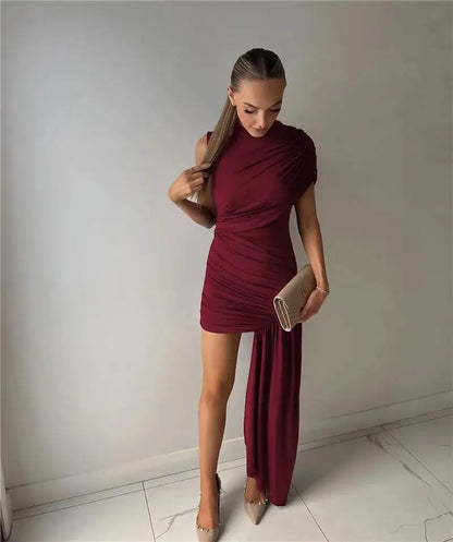 Summer Draped Ruched Sexy Mini Dress Women 2025 New Irregular High Waist Slim Fit Dress Female Elegant Club Tank Dress