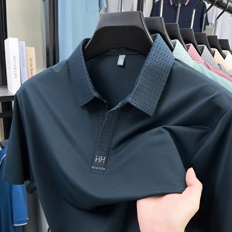 Fashion V-neck short sleeve T-shirt men's summer solid color silky smooth breathable personalized jacquard buttonless polo shirt
