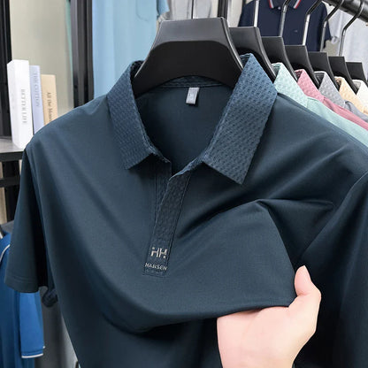 Fashion V-neck short sleeve T-shirt men's summer solid color silky smooth breathable personalized jacquard buttonless polo shirt