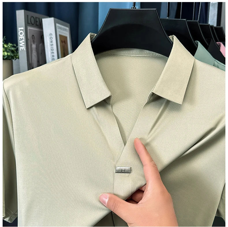 High quality ice silk short sleeve T-shirt men's lapel top trendy brand design cool silky breathable summer casual polo shirt