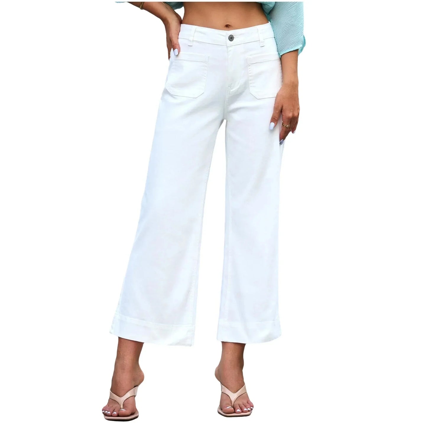 Fashionable Casual Straight Leg Jeans Washed Denim Nine-Piece