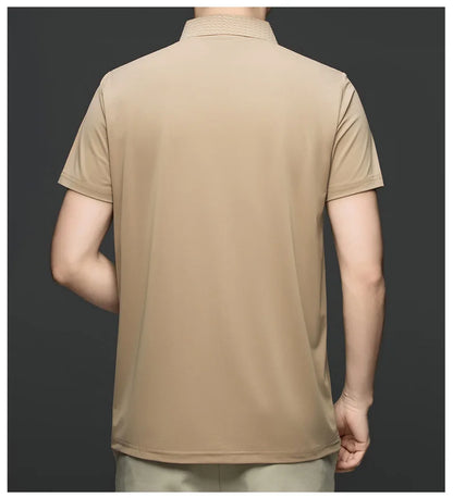 Personality jacquard splicing short sleeve Polo shirt men ice silk breathable high quality fashionable buttonless V-neck T-shirt