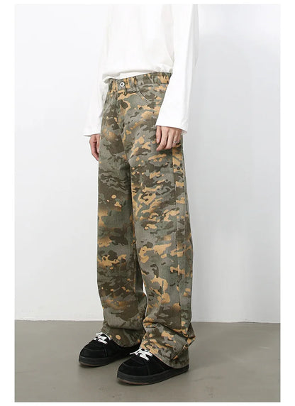Tide Camouflage Jeans Men's Ins Loose Straight Wide Leg Casual Denim Pants Loose Male Trousers 12C2036