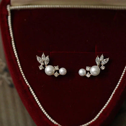 Graceful Gold Color/Silver Color Stud Earrings Lady Simulated Pearl Jewelry Chic Shiny Zirconia Accessories for Wedding