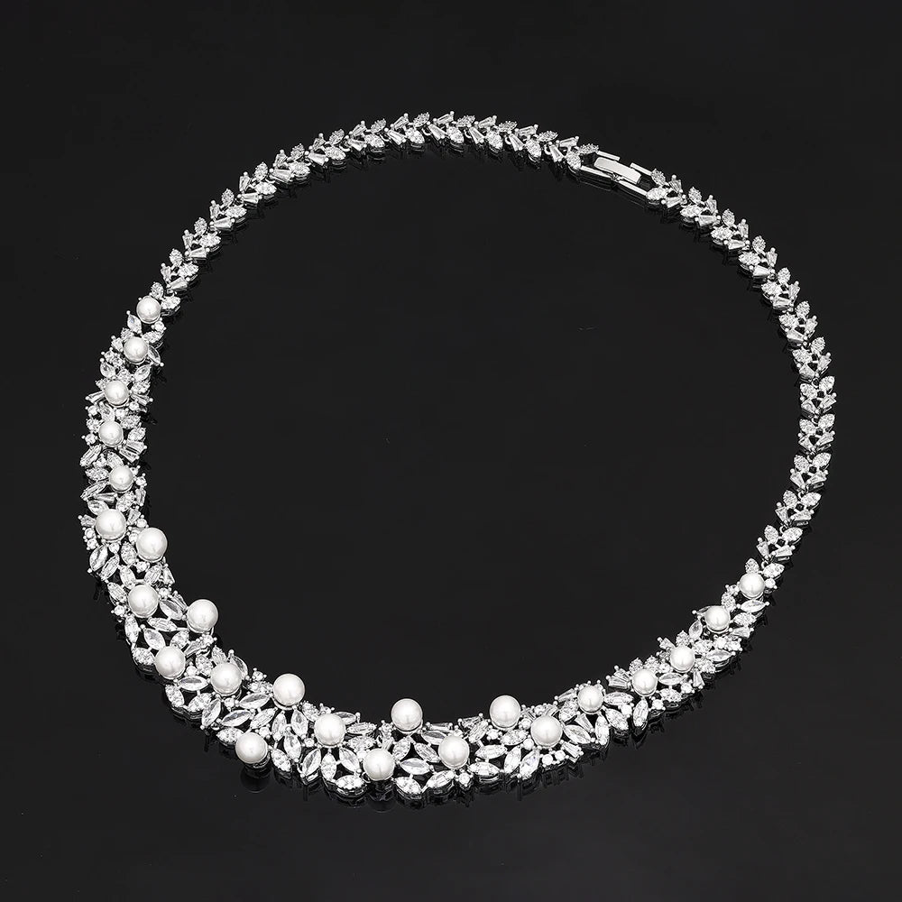 High Quality Zirconia Pearls 4pcs Jewellery Necklace Set Prom Wedding Jewelry Set Bridal Party Accessories
