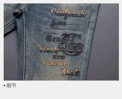 New Spring/Autumn Fashion Trendy Printed American Retro Straight Leg Jeans Men's Casual Sports High Quality Stretch Denim Pants