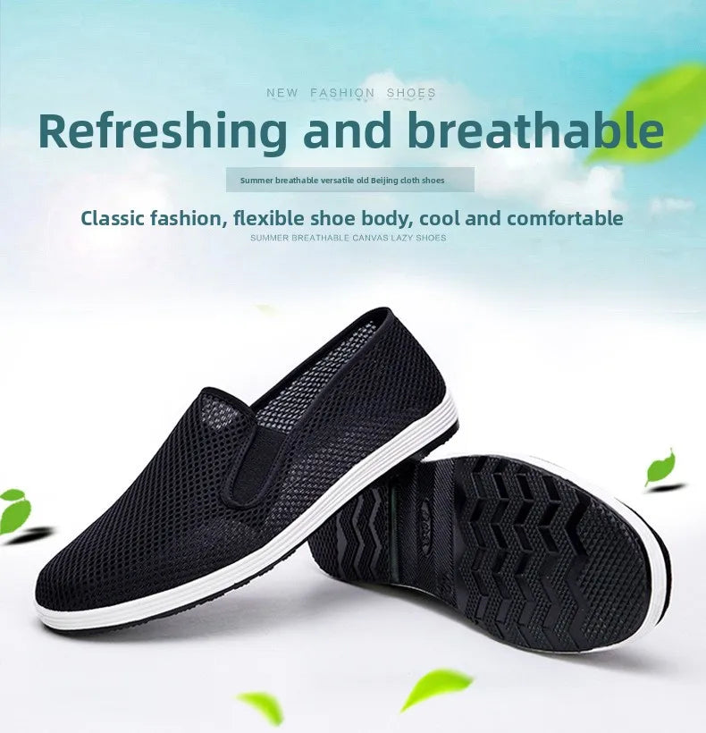 Men's Summer Soft Bottom Driving Shoes Breathable Mesh Slip-On Shoes Wear-Resistant Casual Old Beijing Style Rubber Sole