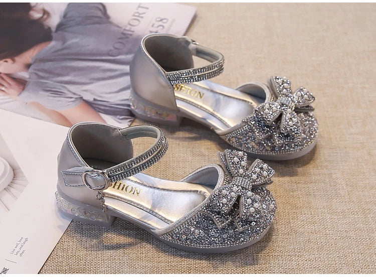 Kid's Sandals high Heels Pumps Rhinestone Bow Silver Party Breathable Shoes For Girl PU Leather Footwear for Kids Size 26-36