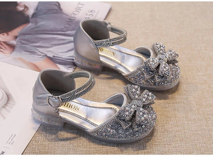 Kid's Sandals high Heels Pumps Rhinestone Bow Silver Party Breathable Shoes For Girl PU Leather Footwear for Kids Size 26-36