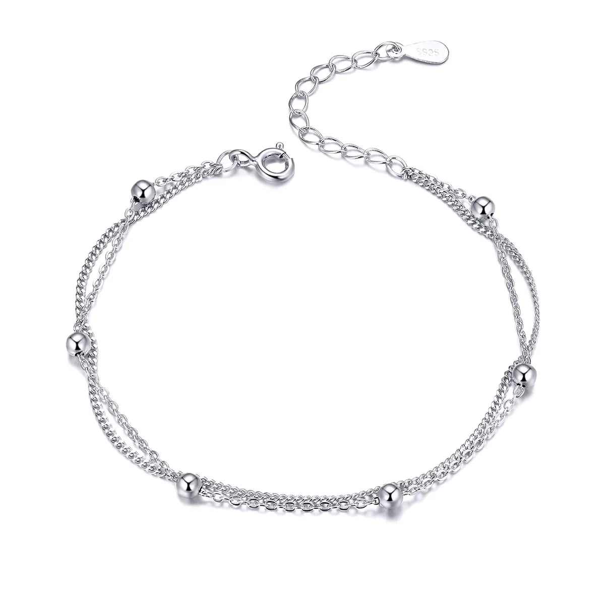 925 Silver Chain Bracelet Double Layers Round Beads Link Chain Bracelets Women 7.48'' Adjustable 14K Gold Plated Jewelry