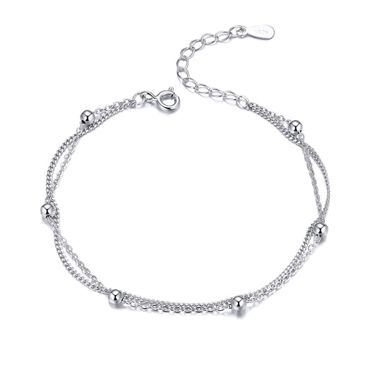925 Silver Chain Bracelet Double Layers Round Beads Link Chain Bracelets Women 7.48'' Adjustable 14K Gold Plated Jewelry