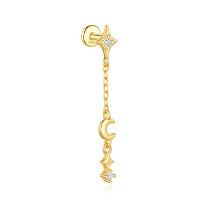 1PC Four Pointed Star Moon Tassel Lotus Cartilage Spiral Puncture 925 Sterling Silver Stud Earring For Women Ins Earring