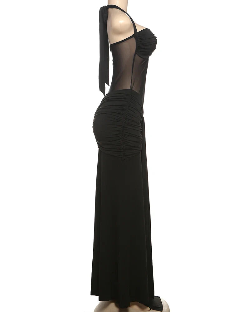 Mesh Patchwork Dress Women Summer Trend Off Shoulder Backless Ruched Ribbon Midnight Prom Party Hipster Vestidos