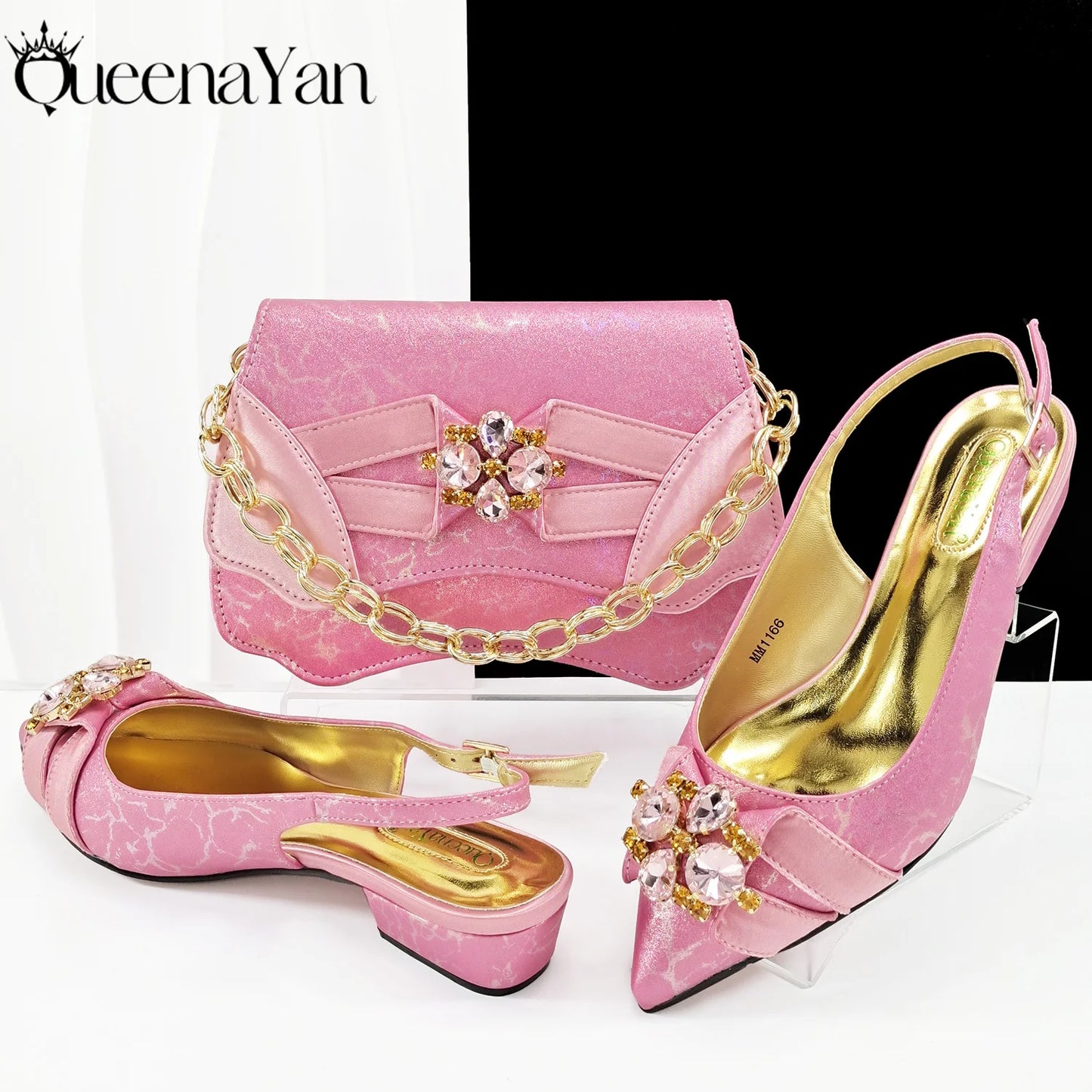 Queena Yan Elegant Pink Rhinestone Low-Heel Shoes & Handbag Set – Luxury Wedding & Party Accessories