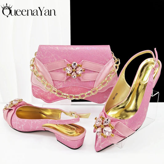 Queena Yan Elegant Pink Rhinestone Low-Heel Shoes & Handbag Set – Luxury Wedding & Party Accessories