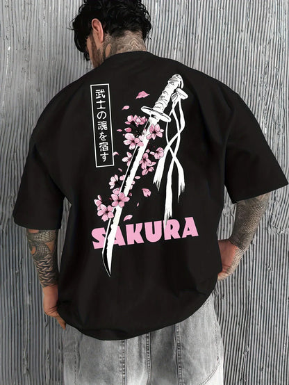Japanese Samurai Sword Sakura Print 100% Cotton Men Women T-shirt Summer Autumn Daily Outdoor Sports Casual Street Short-sleeve