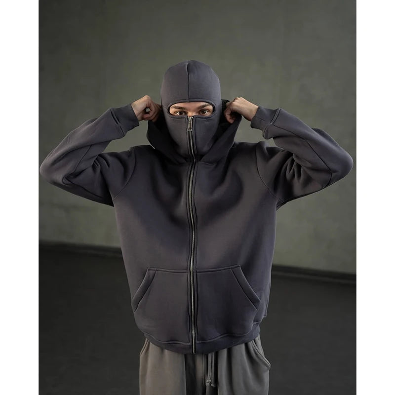 Men's Double Hat Mask Zipper Design Winter Windproof Hoodie Sports Jacket Outdoor Activities Hiking Travel Running Sweatshirt ﻿