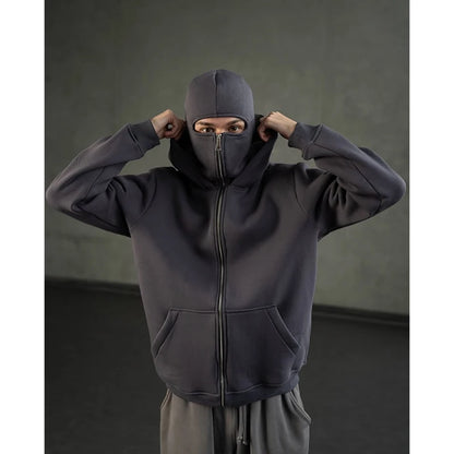 Men's Double Hat Mask Zipper Design Winter Windproof Hoodie Sports Jacket Outdoor Activities Hiking Travel Running Sweatshirt ﻿